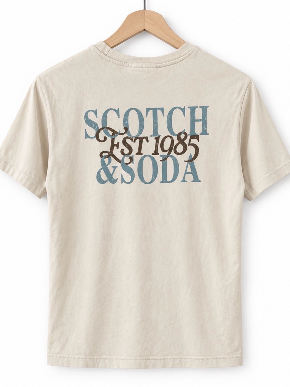 Scotch & Soda Cream Short-Sleeve Logo Tee with Blue & Brown Print